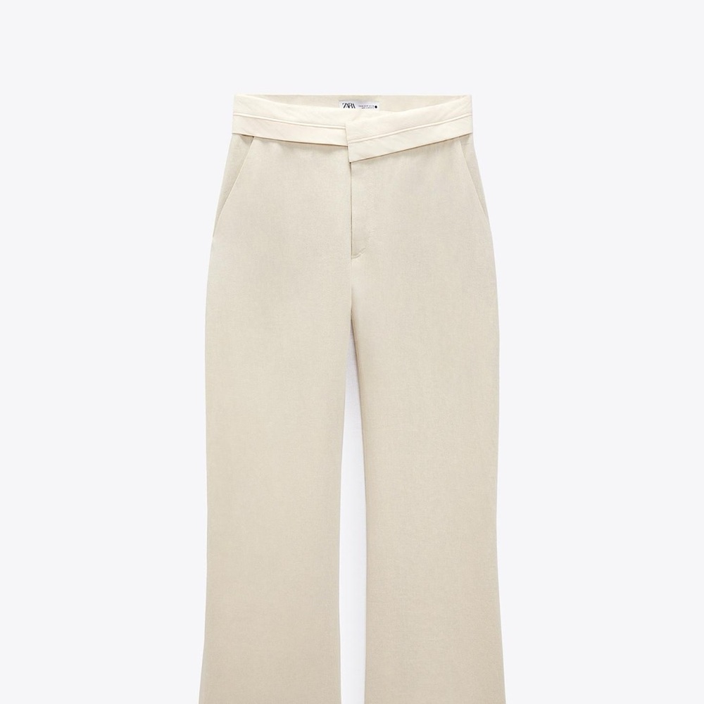 Zara Beige Contrast Waist Linen Blend Wide-Leg Pants L